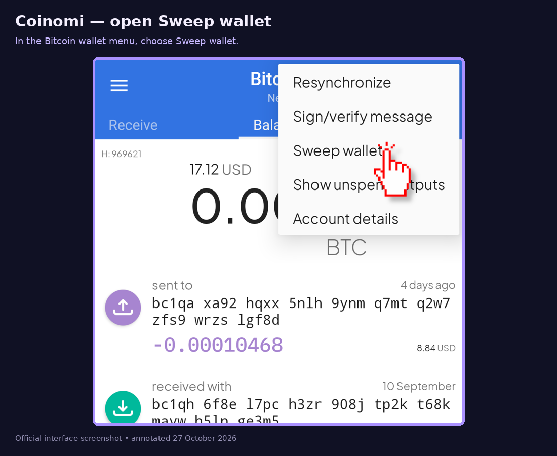 Annotated illustration for step 1: Open the Bitcoin wallet