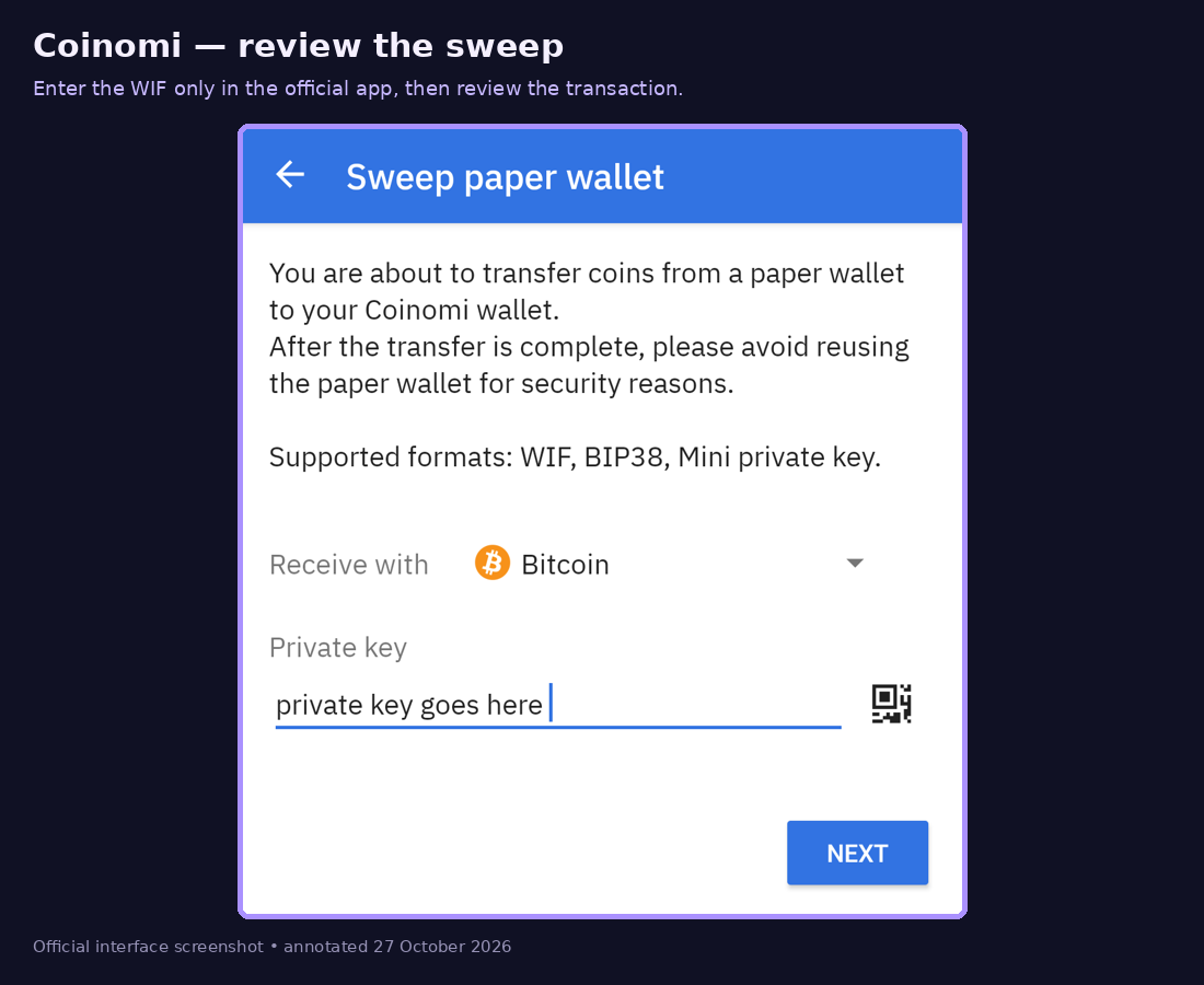 Annotated illustration for step 2: Choose Sweep wallet