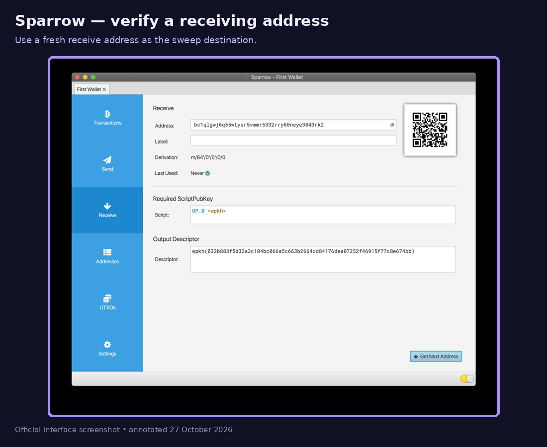 Annotated illustration for step 2: Copy a fresh receive address
